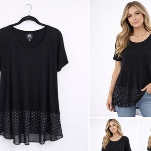 Bobeau Black High-Low Tee w/ Chiffon Polka Dot Hem | Size L | Flowy Luxe Casual